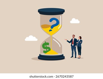 Signo de dólar de la arena que cae del signo de interrogación que fluye a través del reloj de arena. Seguimiento y monitorización, gestión de tareas, planificación del trabajo, productividad. Crisis del dólar. 