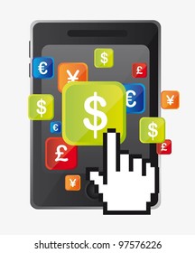 dollar sign over cellphone with cursor hand. vector illustration