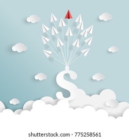 Dollar sign and paper airplanes of business strategy icons flying on blue sky and clouds with creative idea concept paper art style.Vector illustration.