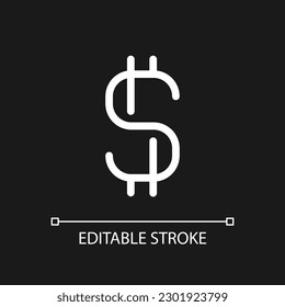 Dollarzeichen Pixel perfekt weiß lineares i Icon für dunkles Thema. Währung und Geld. Piktogramm der Vektorlinie. Identifiziertes Benutzeroberflächen-Symbol für den Nachtmodus. Bearbeitbarer Strich. Arithmetik verwendet