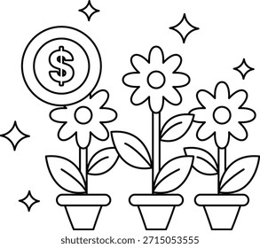 Ein Dollarzeichen wird auf einem Blumentopf platziert. Es werden drei Blumentöpfe gezeigt, jeder mit einem Dollarzeichen oben. Konzept von Geld und Blumen