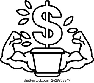 A dollar sign is planted in a pot with a man's arms around it. Concept of financial growth and strength