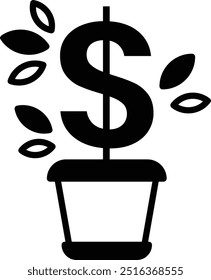 A dollar sign is planted in a pot. The dollar sign is surrounded by leaves, which are also blue. Concept of growth and prosperity, as the dollar sign is a symbol of wealth