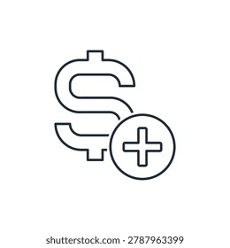 A dollar sign with a plus symbol in a circle. Balance replenishment. Vector linear icon illustration isolated on white background.