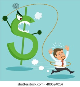 Dollar sign pulling rope with businessman trapped in rope, vector illustration cartoon