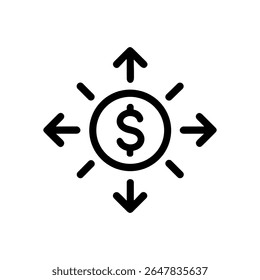 Signo de dólar con flechas radiantes. Ilustración de símbolo de icono