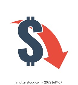 dollar sign with red down arrow, falling trend