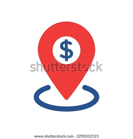 dollar sign with red pinpoint like money point. flat simple trend modern minimal dolar logotype graphic design web element isolated on white. concept of bank address badge or atm location finding mark