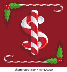 dollar sign of red and white sweets sweet candy cane on red background, illustration, vector