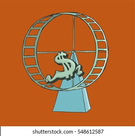 Dollar sign running on a hamster wheel. finance Concept.