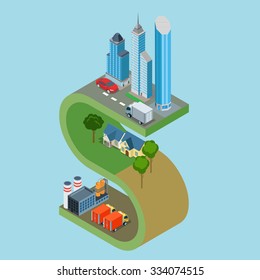 Dollar sign S letter flat 3d isometric style thematic infographics concept. Skyscraper office building suburb town house industrial warehouse info graphic. Conceptual web site infographic collection.