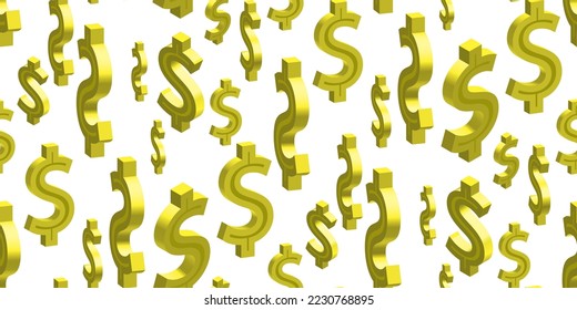 Dollar sign. Seamless pattern of realistic 3D gold symbols dollar rotating in different positions. Trendy investment pattern. Can be used for ad, poster, banner of american money exchange. Vector 3d