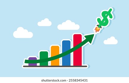 A dollar sign shaped like a rocket soaring to the sky past a rising chart, illustration of growing business company finances