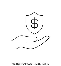 Dollarzeichen mit Schild auf der Hand. Geldschutz, sicheres Zahlungszeilensymbol einzeln auf weißem Hintergrund. Vektorgrafik