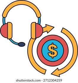 A dollar sign is shown in the center of a circle with a headset on top of it. The dollar sign is surrounded by a circle with arrows pointing in different directions