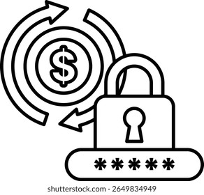 Un signo de dólar se muestra con una llave y una cerradura. El signo del dólar está rodeado por flechas, y la llave y la cerradura se colocan en el medio de la Imagen. Concepto de seguridad y protección