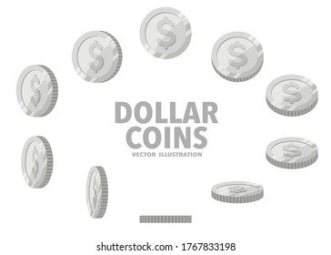 Dollar sign silver coins isolated on white background. Set of flat icon design of spin coins with symbol at different angles.