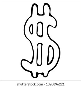Signo de dólar. Ilustración vectorial de un solo doodle. Dibujado a mano.