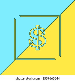 Dollar sign in square frame yellow and blue colors, Continuous line vector minimalist flat design