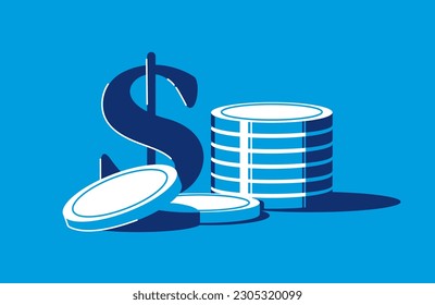 Dollar sign and stack of metall coins. The US currency. Tower of glowing money in flat style. Banking and economy, cashback, earnings and pay concept