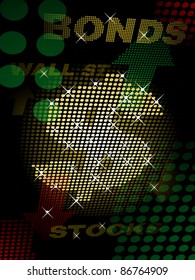 Dollar sign and stock graphics rendered in ticker style
