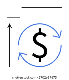 Signo de dólar rodeado de flechas circulares azules flecha negra hacia arriba, líneas Horizontales que representan el crecimiento, el progreso, el dinero. Ideal para finanzas, economía, estrategias de negocio, inversión, moneda