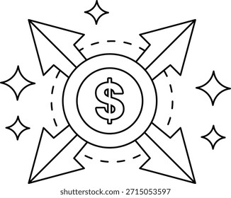 Un signo de dólar está rodeado por cuatro flechas que apuntan en diferentes direcciones. Concepto de dinero siendo una fuerza poderosa que puede llevarte en cualquier dirección que elijas