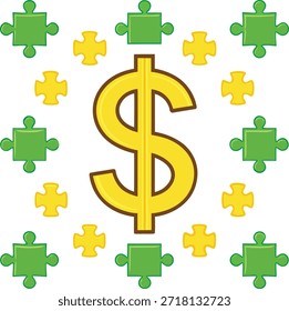 Signo del dólar rodeado de piezas verdes y amarillas del rompecabezas en el fondo blanco