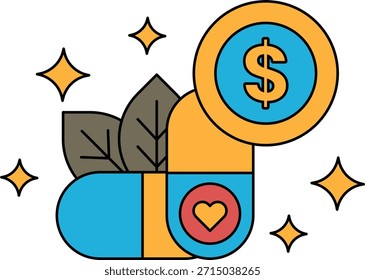 Ein Dollarzeichen ist von einem Blatt und einem Herzen umgeben. Das Dollarzeichen ist in der Bildmitte