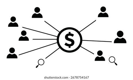 Un signo de dólar rodeado de personas representa un concepto de negocio. Esta Ilustración vectorial está aislada sobre un fondo blanco y es perfecta para las finanzas y la inversión.