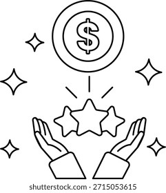 Ein Dollarzeichen ist von drei Sternen umgeben. Das Dollarzeichen ist von drei Sternen umgeben, die Erfolg und Leistung symbolisieren. Konzept von Leistung und Wohlstand