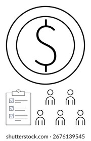 Dollar sign symbol in circle represents financial management. Checklist with tick marks emphasizes organization. Five team member icons illustrate collaboration. Ideal for finance, business