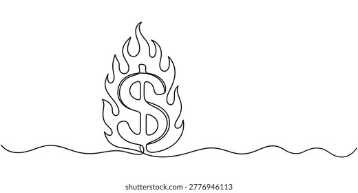 Dollar sign symbol engulfed in stylized flames in continuous line money finance currency fire
