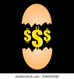 Dollar sign symbol inside an cracked open egg. Vector illustration on money and financial concept isolated on black background.