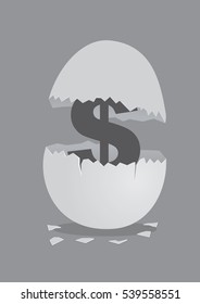 Dollar sign symbol inside an cracked open egg. Vector illustration on money and financial concept isolated on grey background.