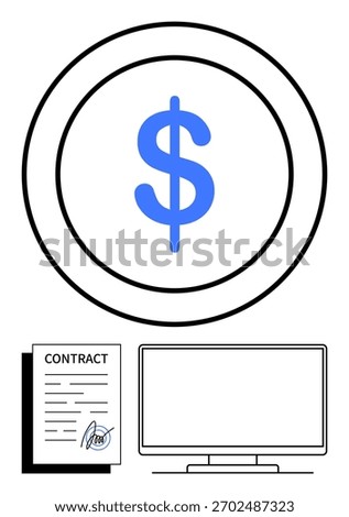 Dollar sign symbolizing money, computer monitor representing technology, and signed contract sheet indicating agreement. Ideal for finance, contracts, digital transactions, online services, business