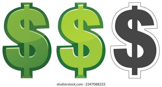 Dollar sign in three versions. Green 3d dollar sign, and black silhouette. Dollar isolated set.