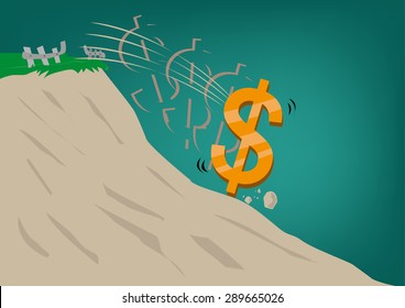 Dollar Sign tumbling down a hill. Weak Dollar rate. Editable Clip art.