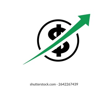 Dollar Sign with Upward Trend Icon, dollar sign enclosed in a circle, with a bold green upward arrow extending diagonally outward, dollar, money, financial, investment, growth, increase, upward trend.