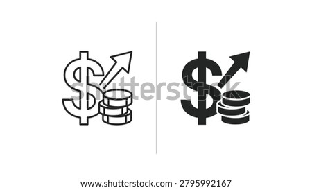 Dollar sign with an upward-pointing arrow and coin stack in outline and solid styles. Represents financial growth, investment, and increasing profits.
