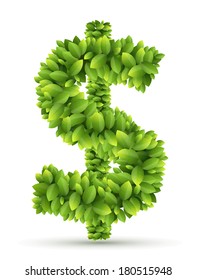 Dollar sign, vector alphabet of green leaves  on white background