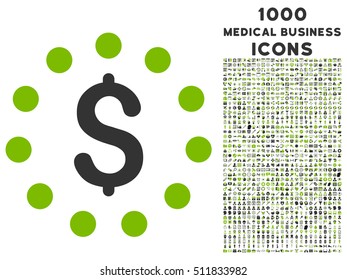 Dollar Sign vector bicolor icon with 1000 medical business icons. Set style is flat pictograms, eco green and gray colors, white background.