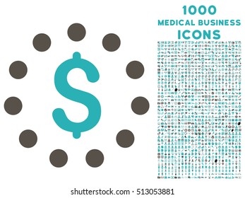 Dollar Sign vector bicolor icon with 1000 medical business icons. Set style is flat pictograms, grey and cyan colors, white background.