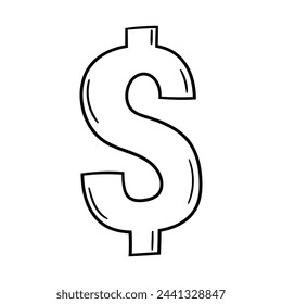 Icono de vector de signo de dólar en estilo doodle. Símbolo en diseño simple. Objeto de dibujos animados dibujado a mano aislado sobre fondo blanco.
