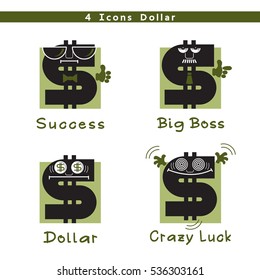 Dollar sign, vector icon set. 4 funny cartoon characters.
Simple black Images on green square and white background. Eyes and hands can be moved (if it is used in animation). 