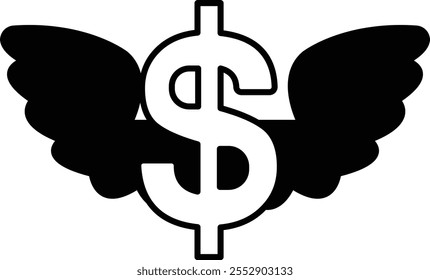 A dollar sign with wings is flying above it