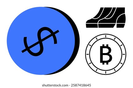 Dollar sign within a blue circle, Bitcoin symbol inside a coin, and black bank building. Ideal for financial services, banking, cryptocurrency, investment, digital currency, economic education