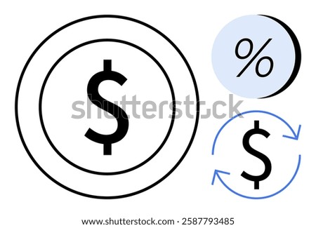 Dollar sign within a circle, percentage symbol in blue circle, dollar sign with circular arrows. Ideal for finance, investment, economics, marketing, savings, growth, and business. Line metaphor