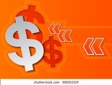 Dollar Signs and Arrows on Orange Background, Vector Illustration