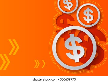 Dollar Signs and Arrows on Orange Background, Vector Illustration